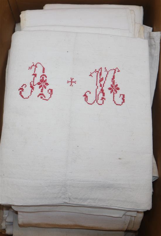 Seven French Provincial linen sheets, embroidered with monograms